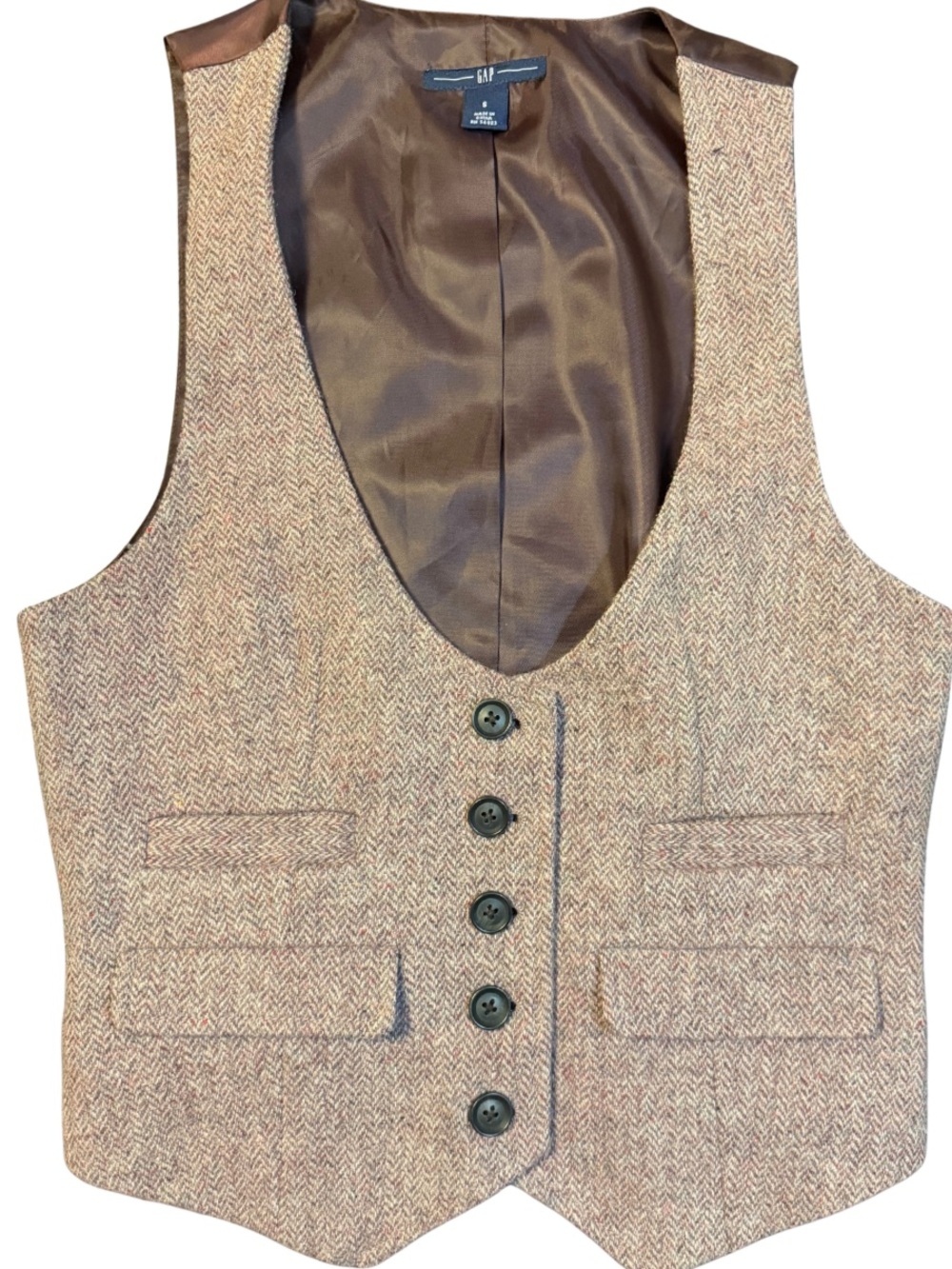 2008 Gap Wool Herringbone Tweed Waistcoat Vest Brown Small